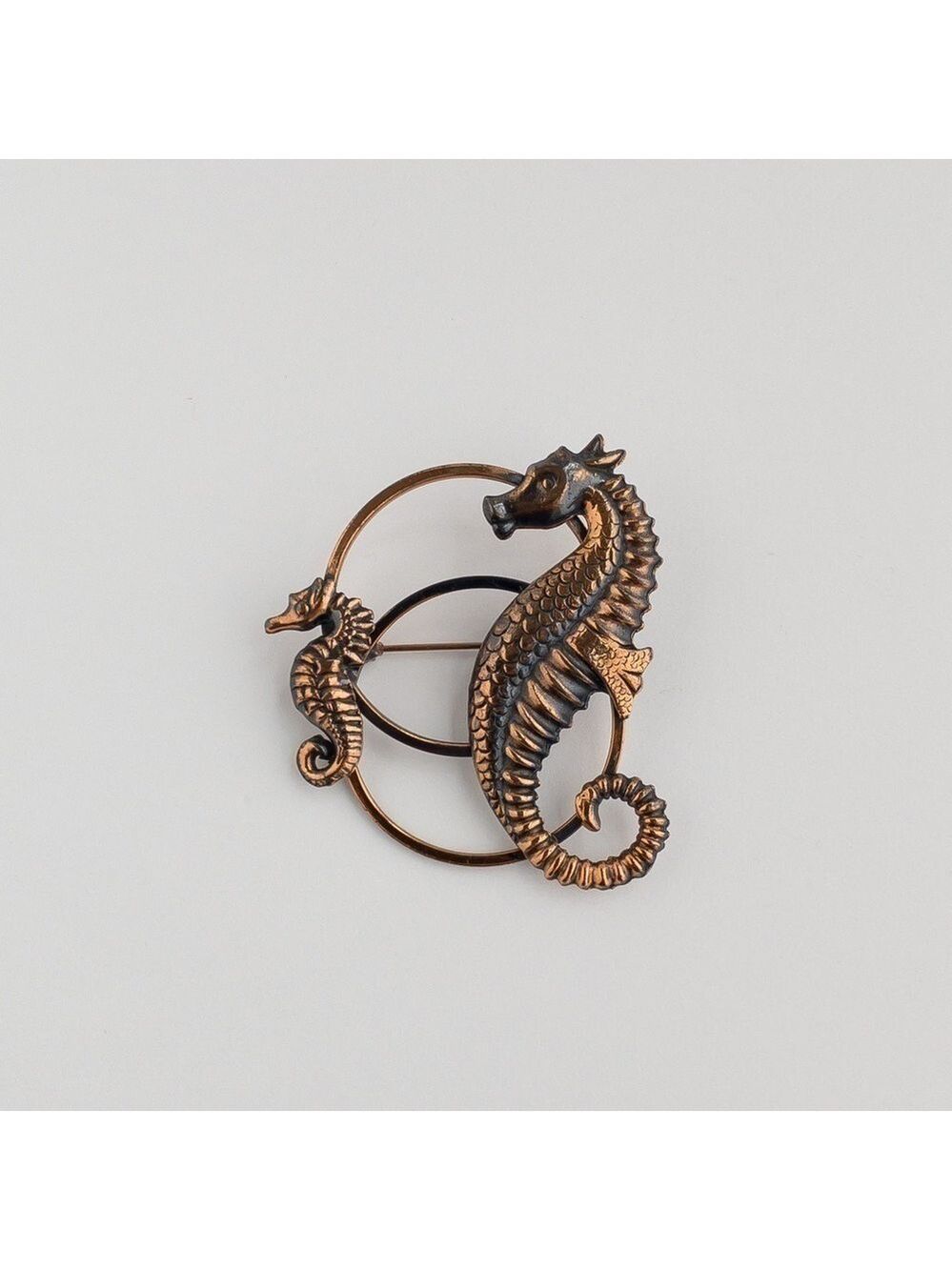 Modern Vintage Large Copper Seahorse Brooch Pin Lapel Mother and Baby Seahorses